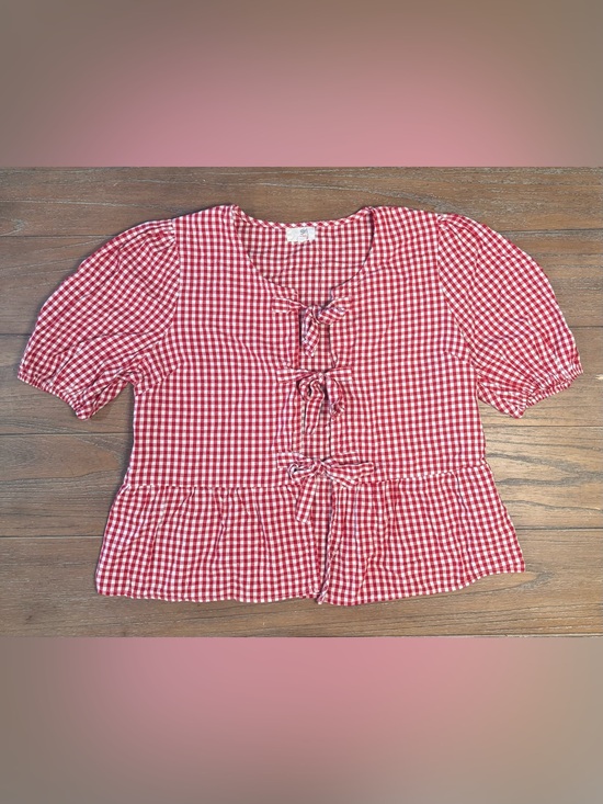 Girl Soul Tops - Red Gingham Tie-Front Peplum Blouse